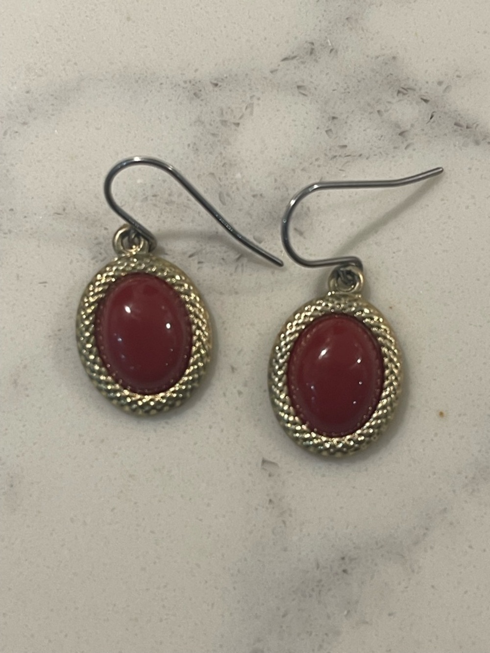 Gold-Tone Red Oval Drop Earrings with Cabochon Centers